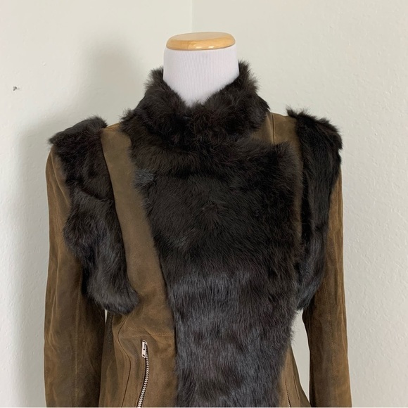 Sachin + Babi Leather Rabbit Fur Silk Jacket Brown Asymmetrical Zip - Picture 5 of 15